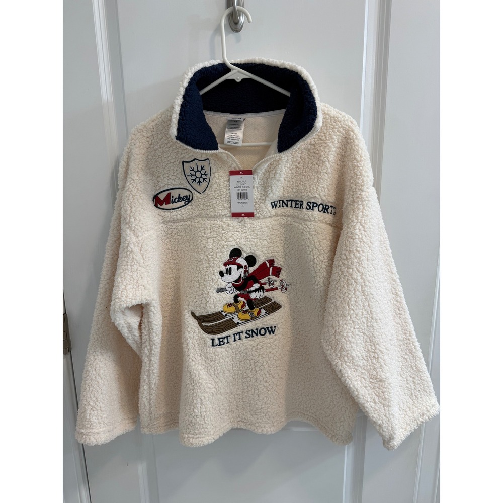Disney Mickey Mouse Winter Sports Sherpa Fleece Quarter Zip Pullover White XL